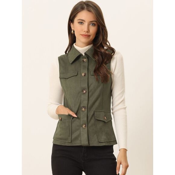 Faux Suede Vest Utility Buttoned with Cargo Pocket Army Green - Picture 2 of 5